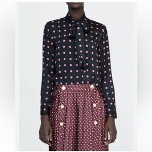ZARA | Black with Pink Polka Dot Button Down Blouse Tie Neck Women’s Size Small